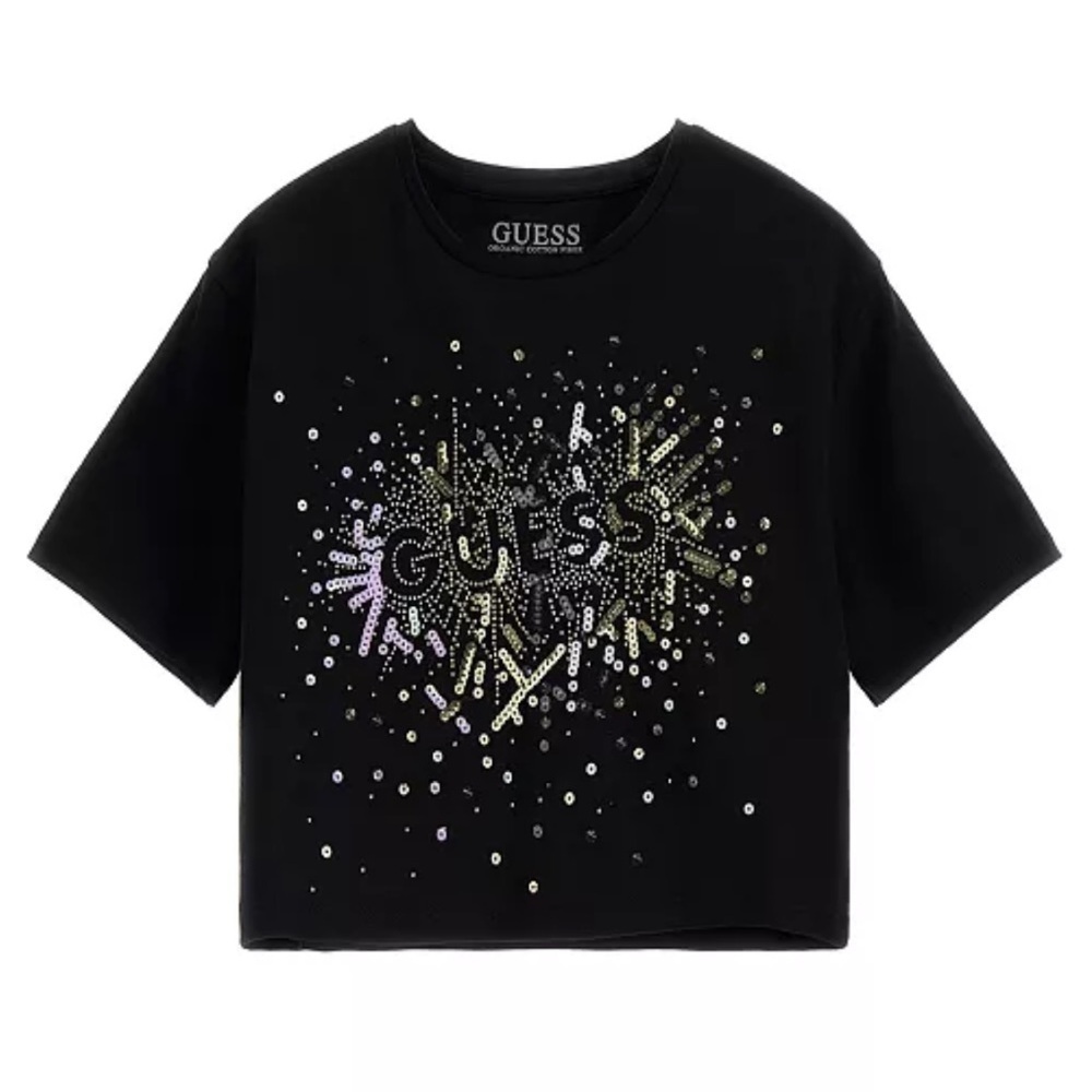 GUESS Big Girls Stretch Jersey Rhinestone and Embroidered Sequin Top Logo 12 - Picture 4 of 5